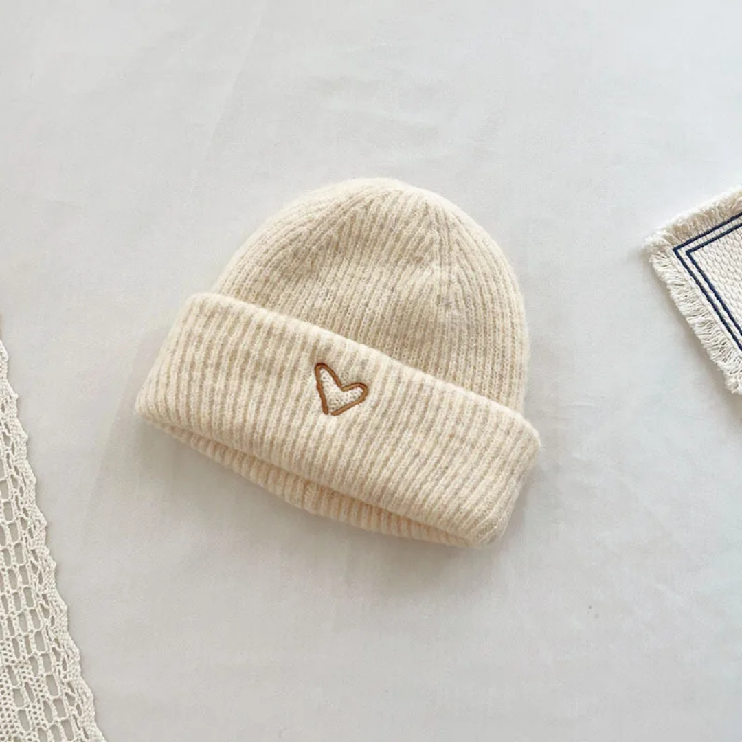 knitted hat with heart motif