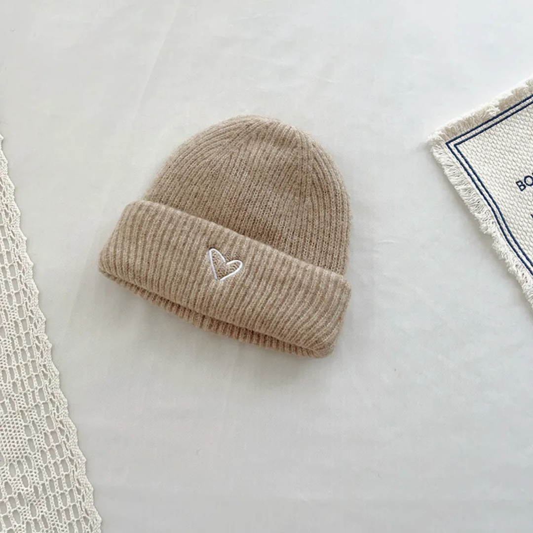 knitted hat with heart motif