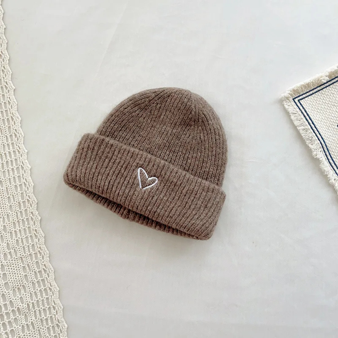 knitted hat with heart motif