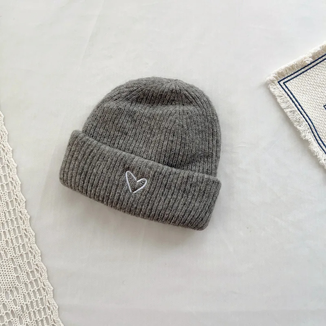 knitted hat with heart motif
